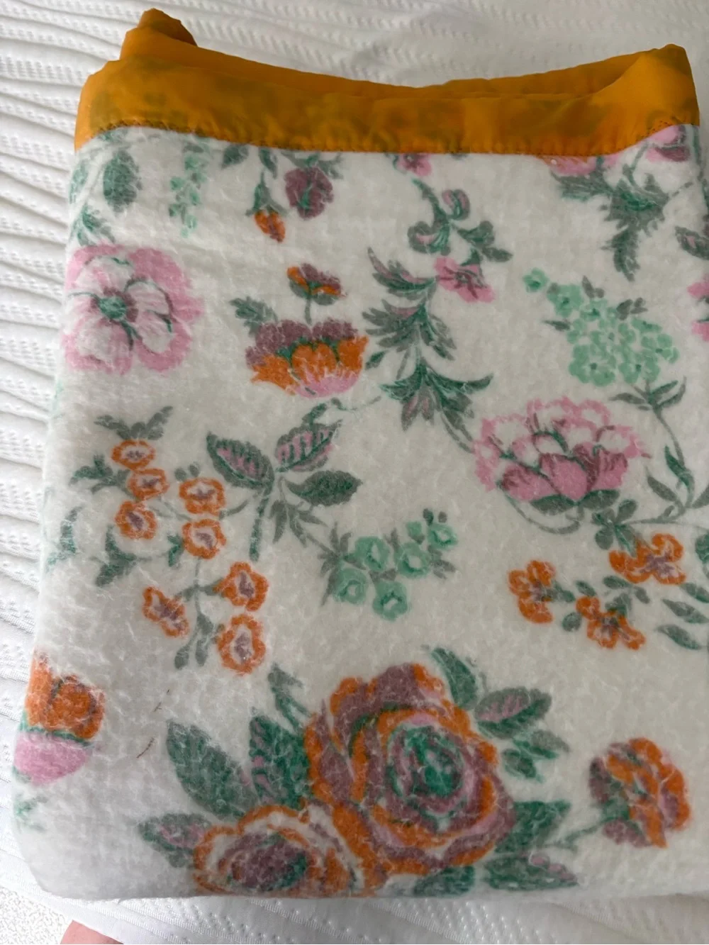 Vintage JCPenney Floral Acrylic Blanket 88x71 Satin Trim Pink Orange Green Throw